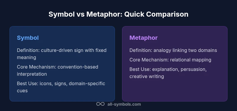 Infographic comparing symbol and metaphor with definitions and use cases.