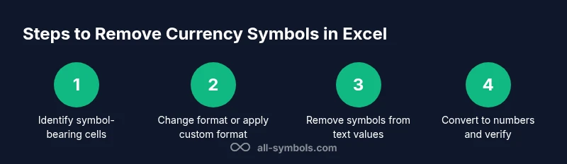 Infographic showing a 4-step process to remove currency symbols in Excel
