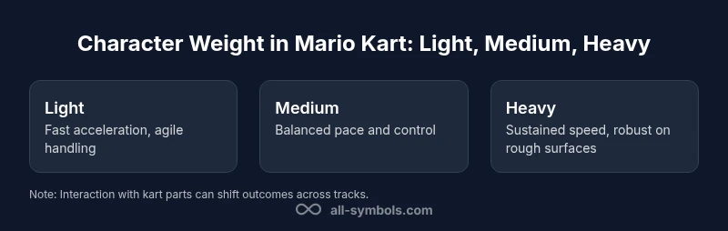 Three-column infographic comparing Light, Medium, and Heavy character weight in Mario Kart
