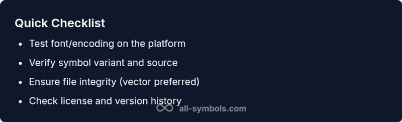 Checklist infographic for symbol troubleshooting