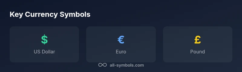 Infographic showing major currency symbols and their corresponding currencies